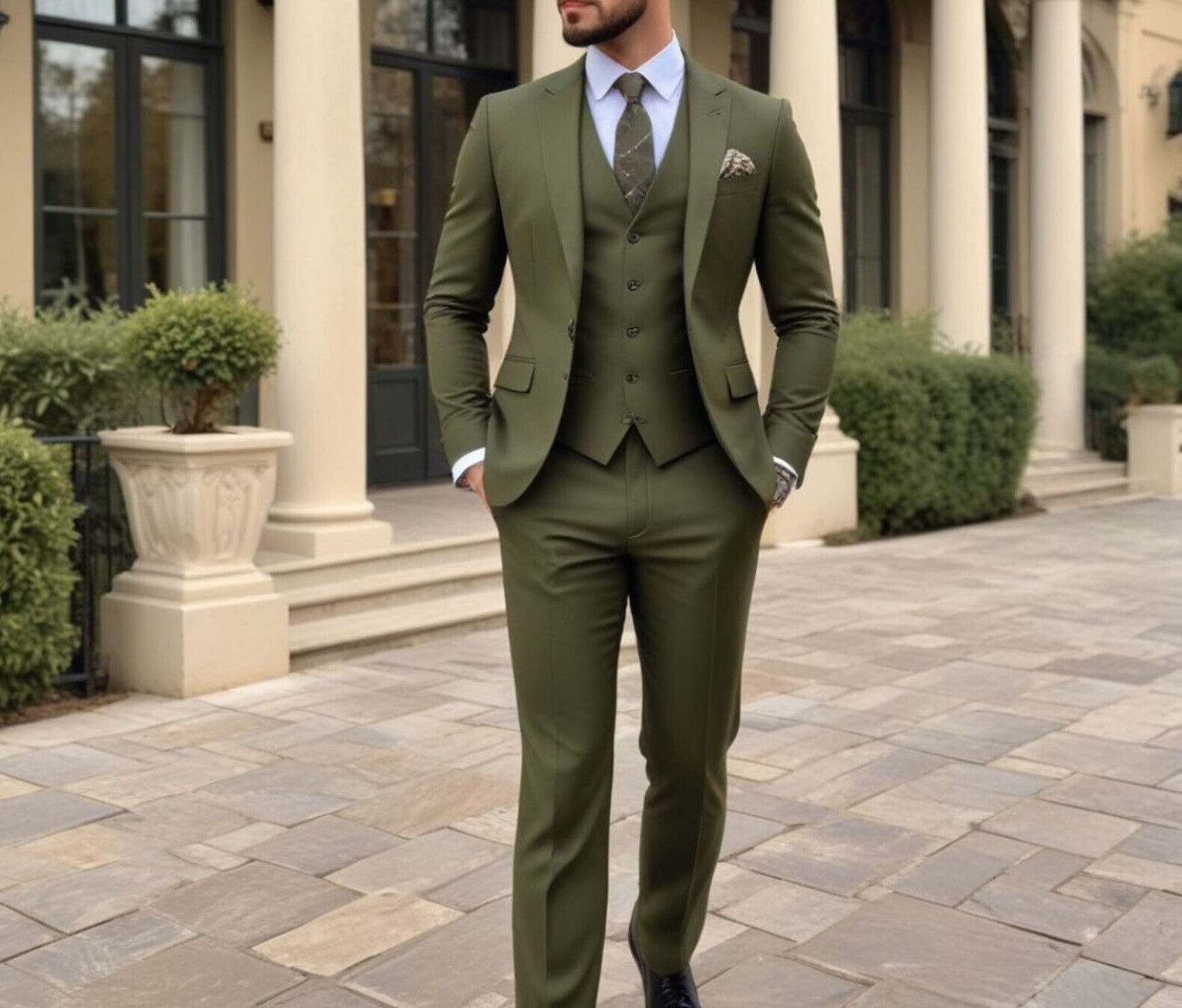 Men Formal Wear Wedding - Erkek Zeytin Yeşili 3 Parça Takım