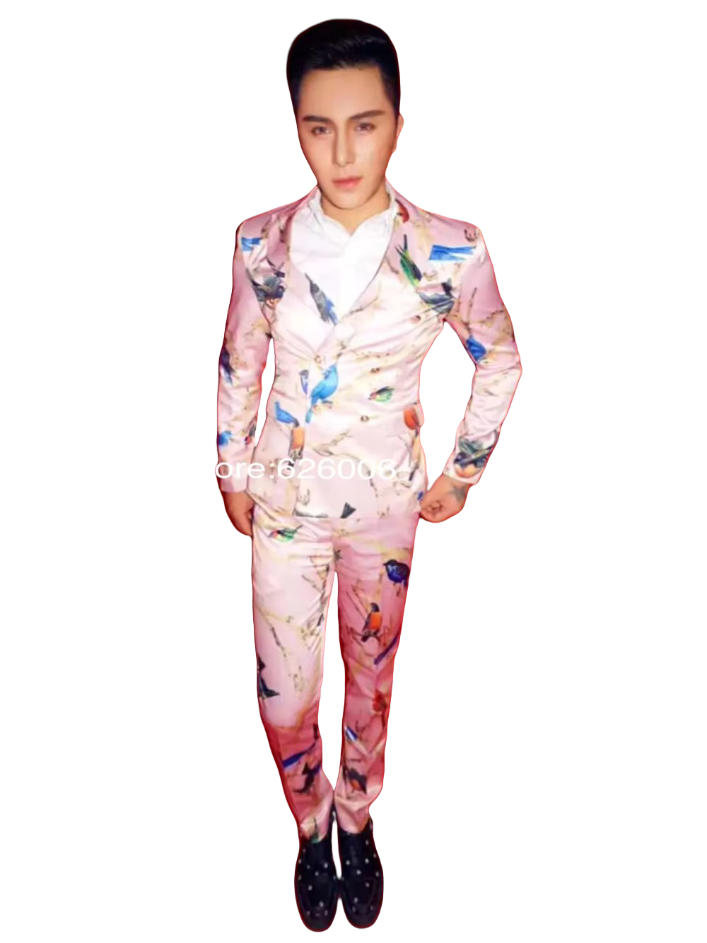 Men Formal Wear Pink - Erkek Moda Çiçek Pembe Kuşlar Baskı