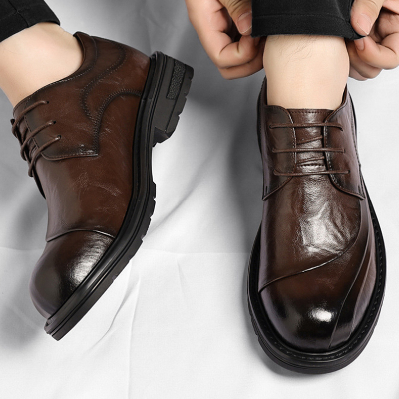 Men Formal Wear Wedding - Kahverengi Parlatılmış Hakiki Deri Bağcıklı Kalın