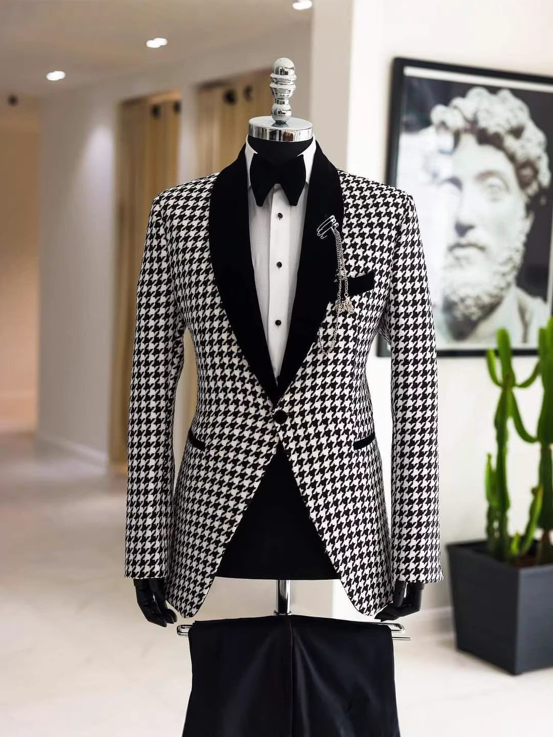 Men Formal Wear Clothes - Şık Köpek Dişi Desenli Ekose Erkekler