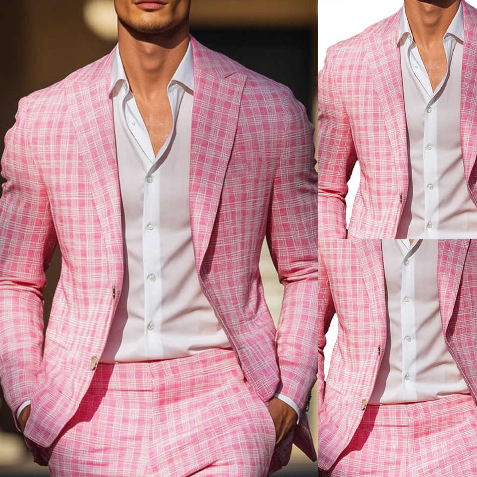 Men Formal Wear Pink - Yaz Pembe Ekose Erkek Smokin Doruğa