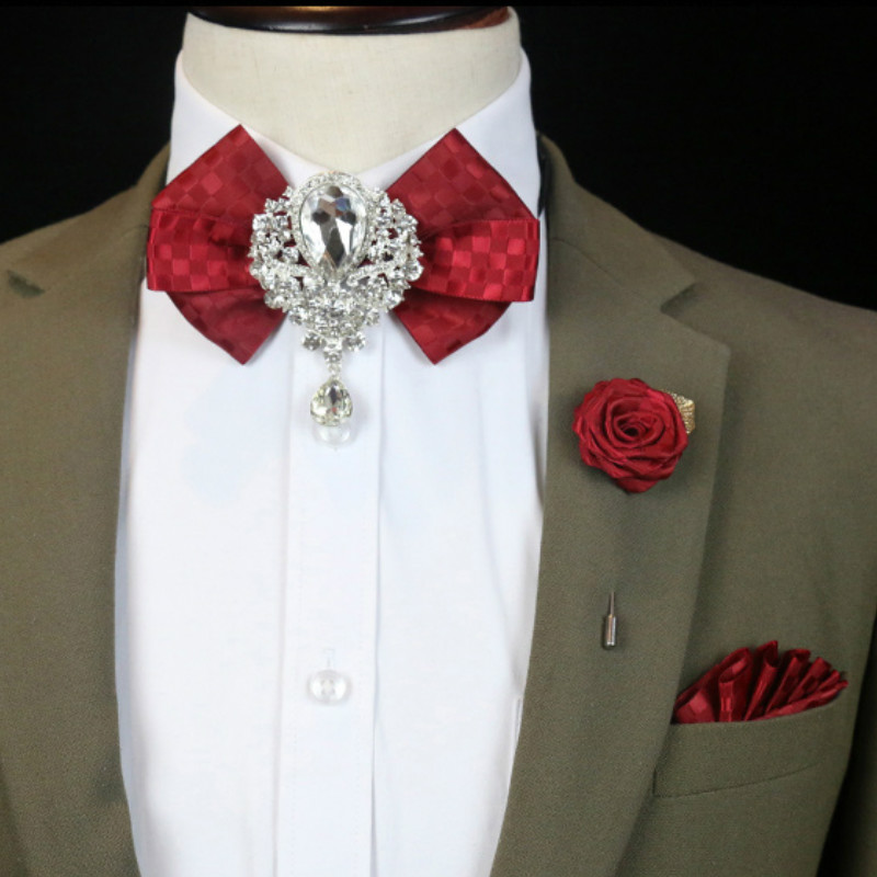 Korean Men Formal Wear - Erkek düğün suni elmas papyon broş