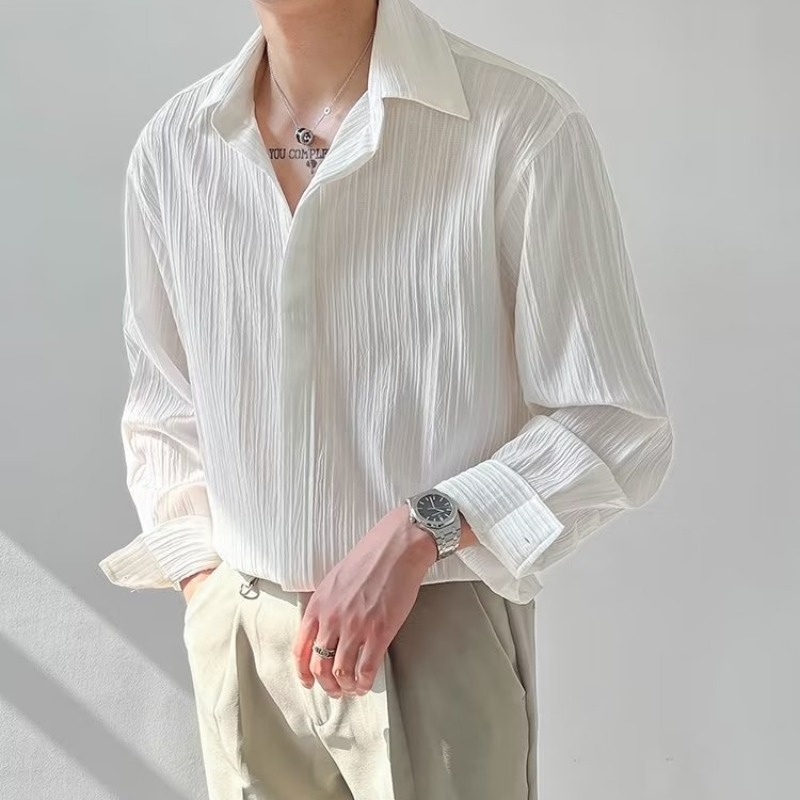 Korean Men Formal Wear - Siyah kayısı beyaz uzun kollu gömlek